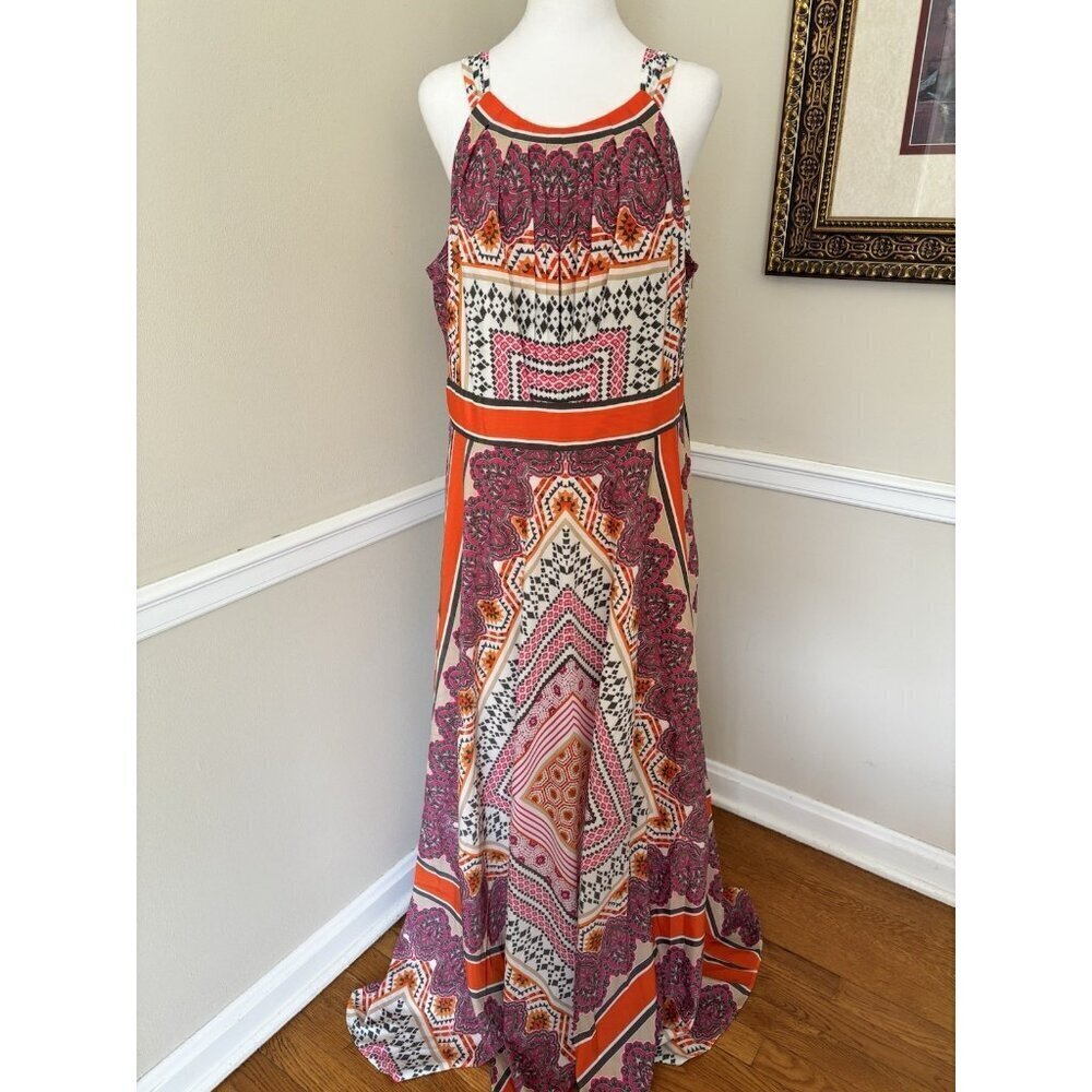 Chicos Womens Size 2 Orange Pink Sleeveless Maxi Dress Boho Scarf Print Pleats